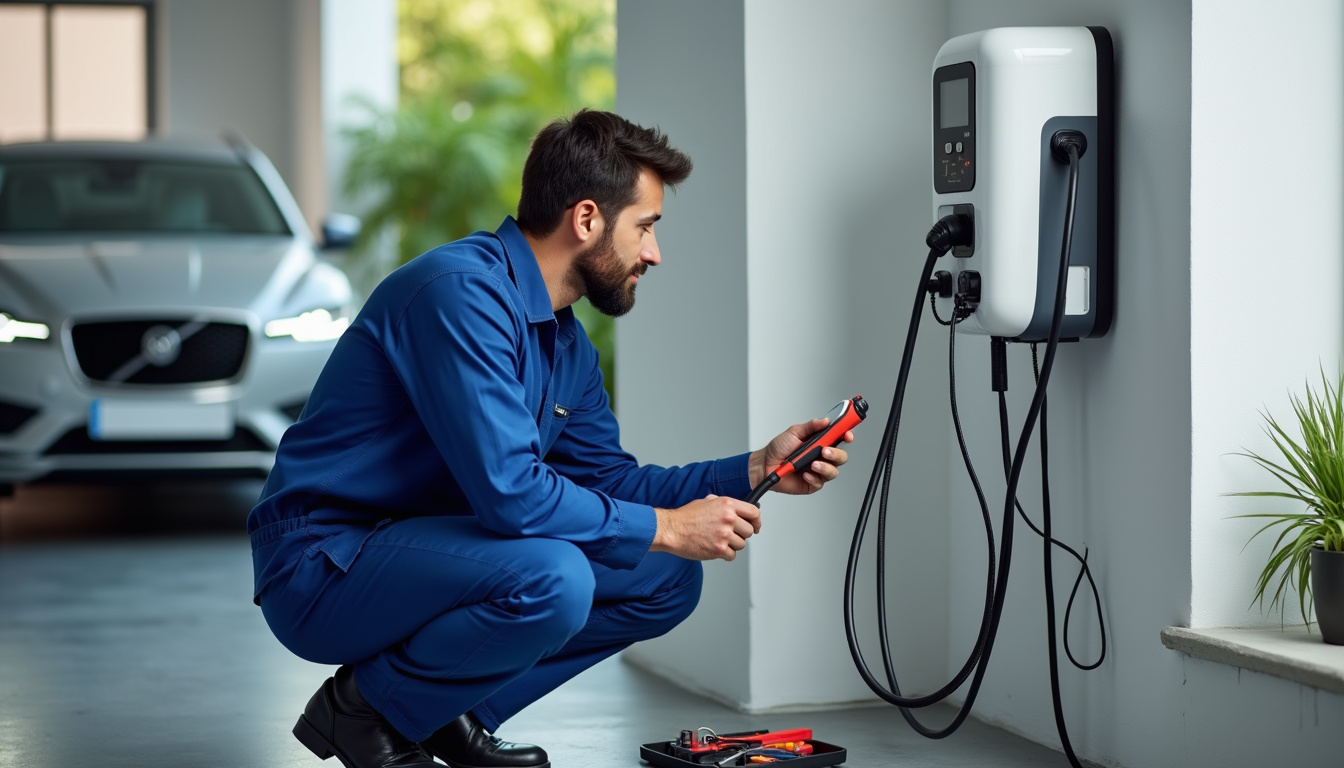 Technicien effectuant un contrôle de maintenance sur une borne de recharge électrique