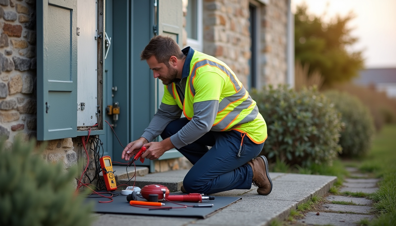 Technicien effectuant un diagnostic électrique avant pose d'une borne de recharge à Plougoulm