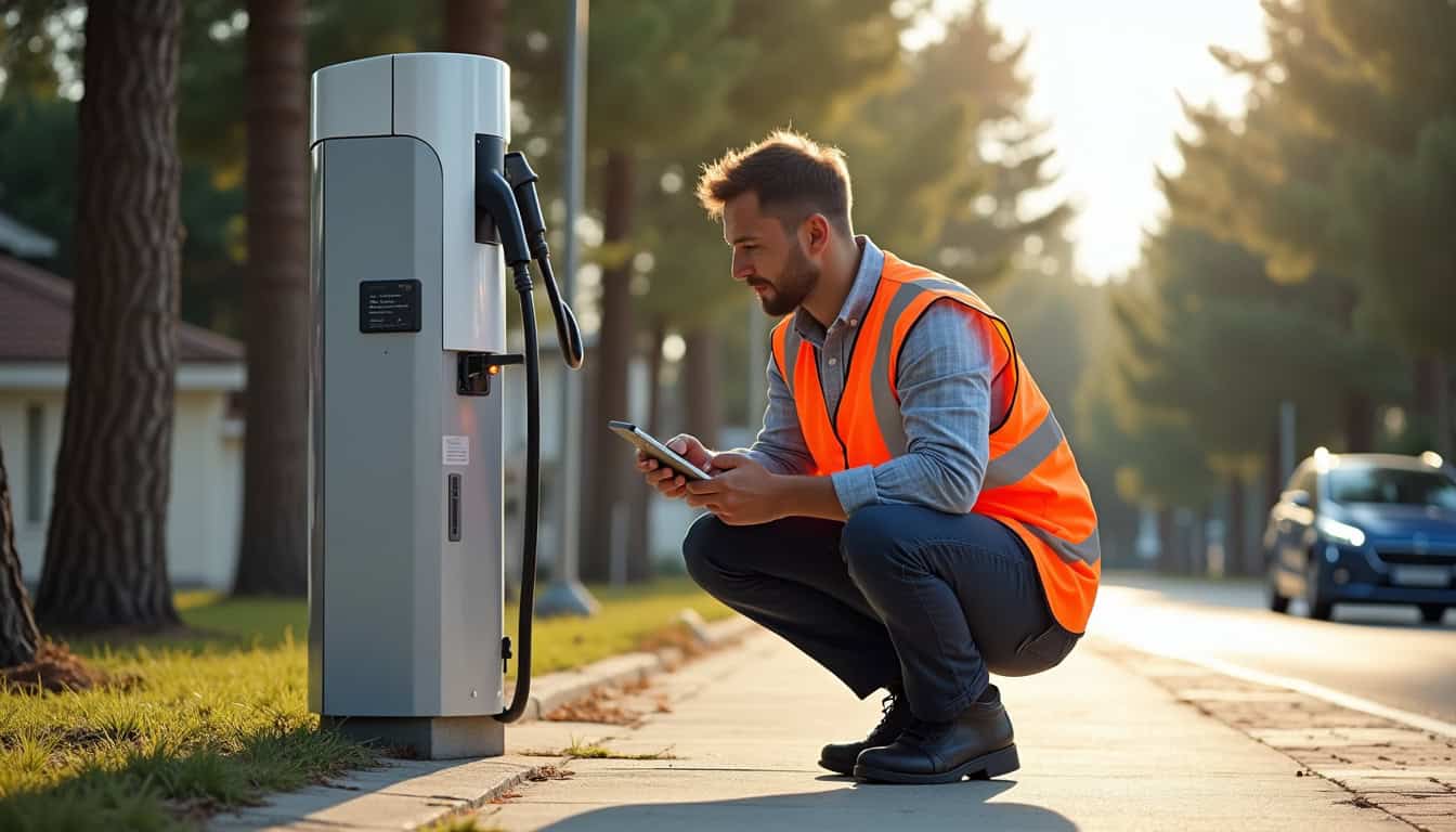 Technicien effectuant un entretien de maintenance sur une borne de recharge à Labouheyre