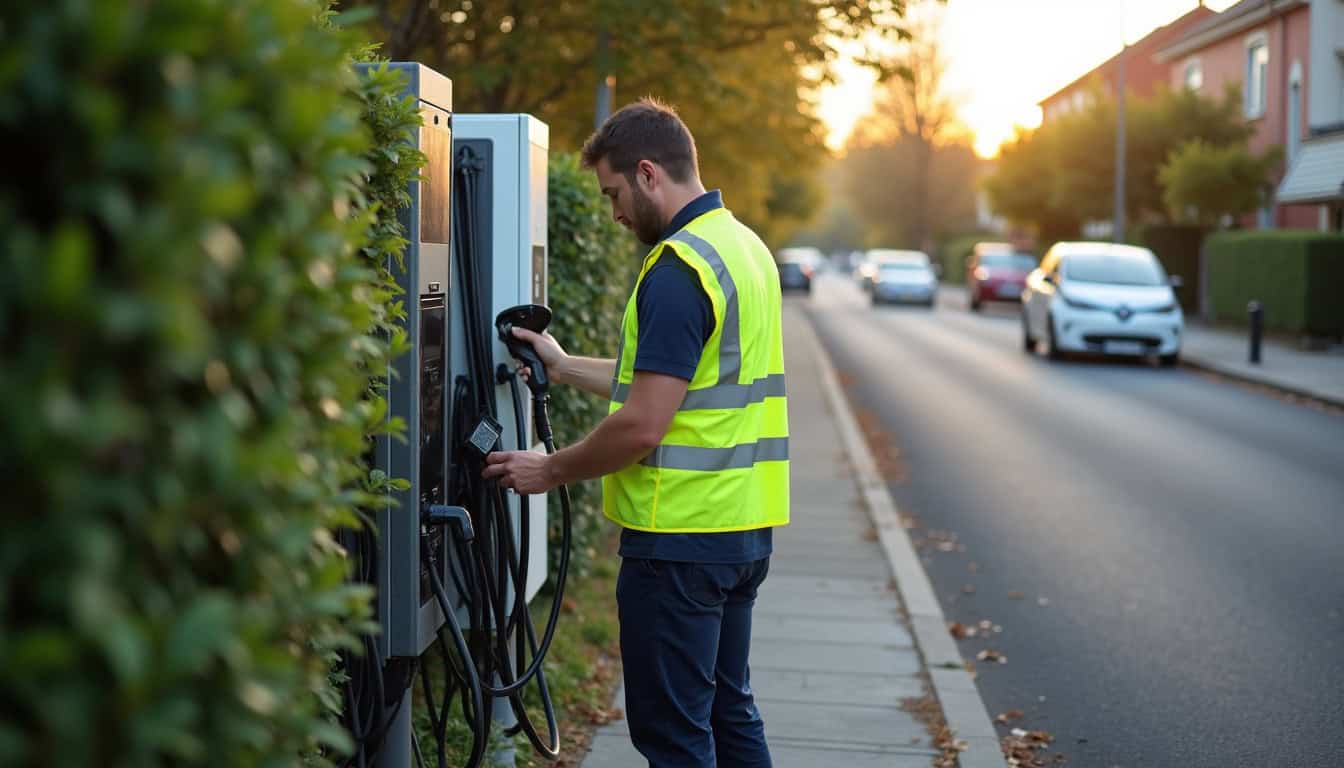 Technicien effectuant un entretien de routine sur une borne de recharge électrique à Limeil-Brévannes