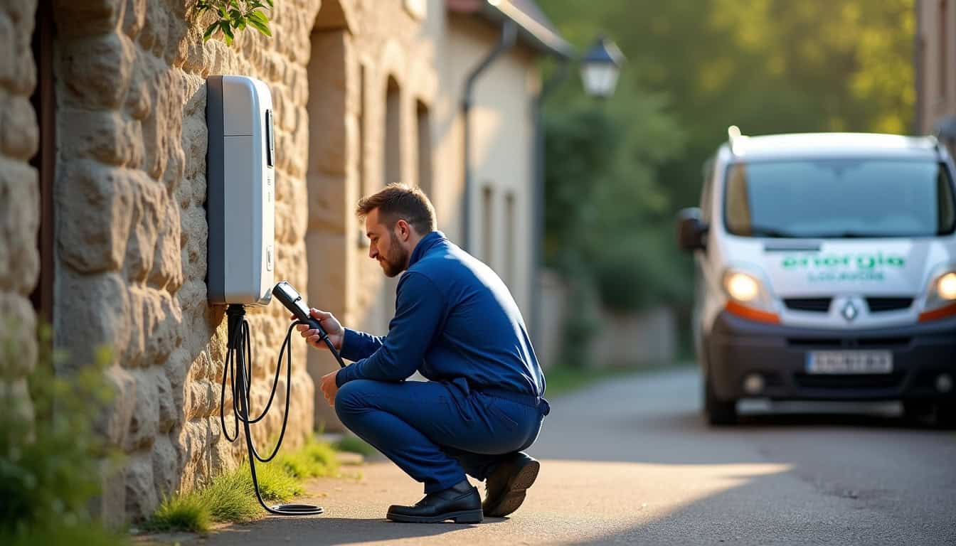 Technicien effectuant une vérification de maintenance sur une borne de recharge à Savigné-sur-Lathan