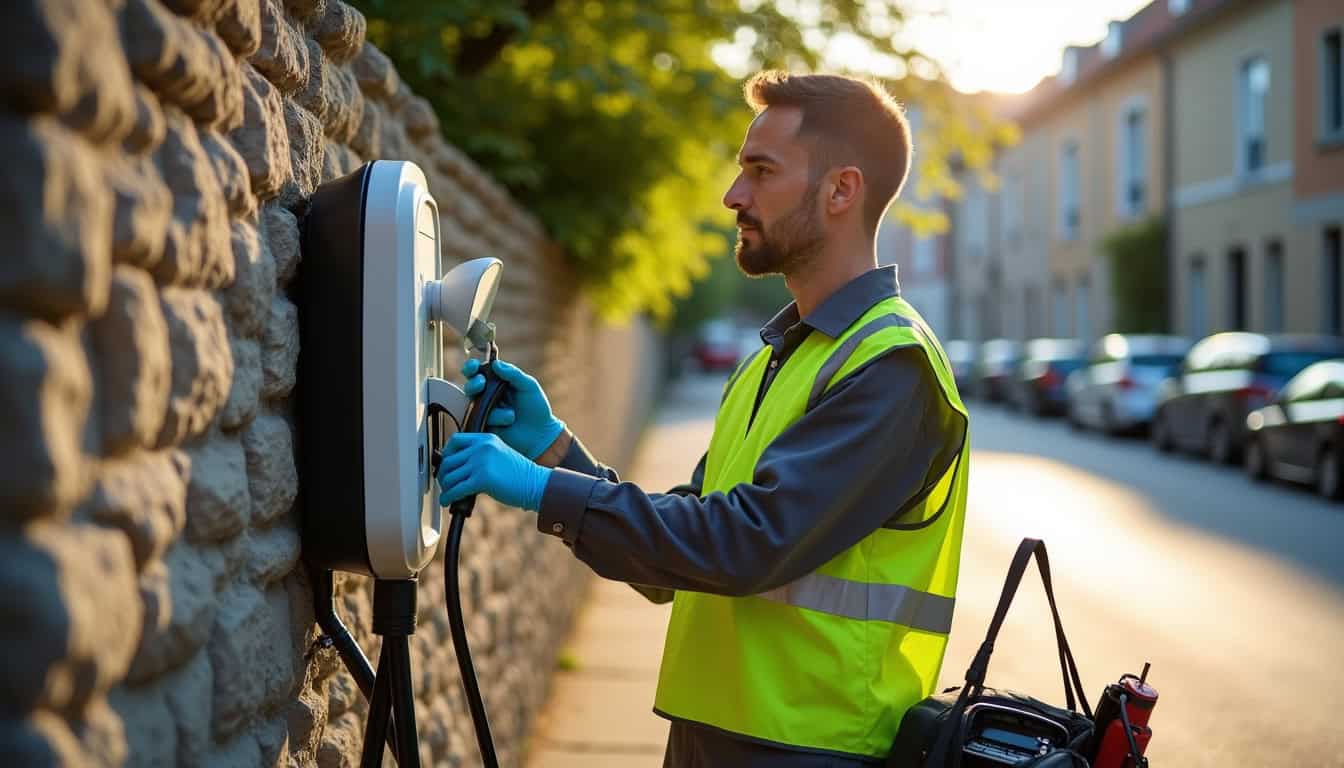 Technicien effectuant une vérification de maintenance sur une borne de recharge électrique à Étrelles