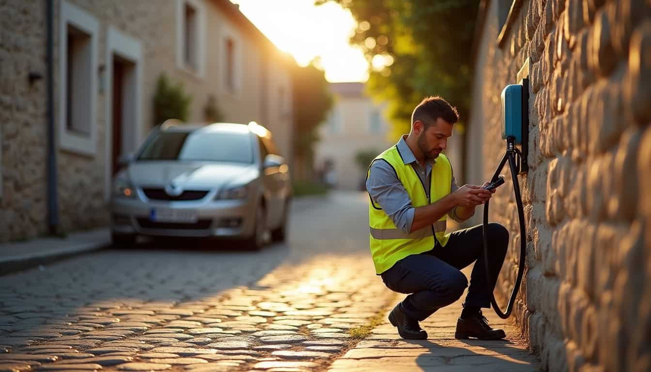Technicien effectuant une vérification d'une borne de recharge électrique à Cénac