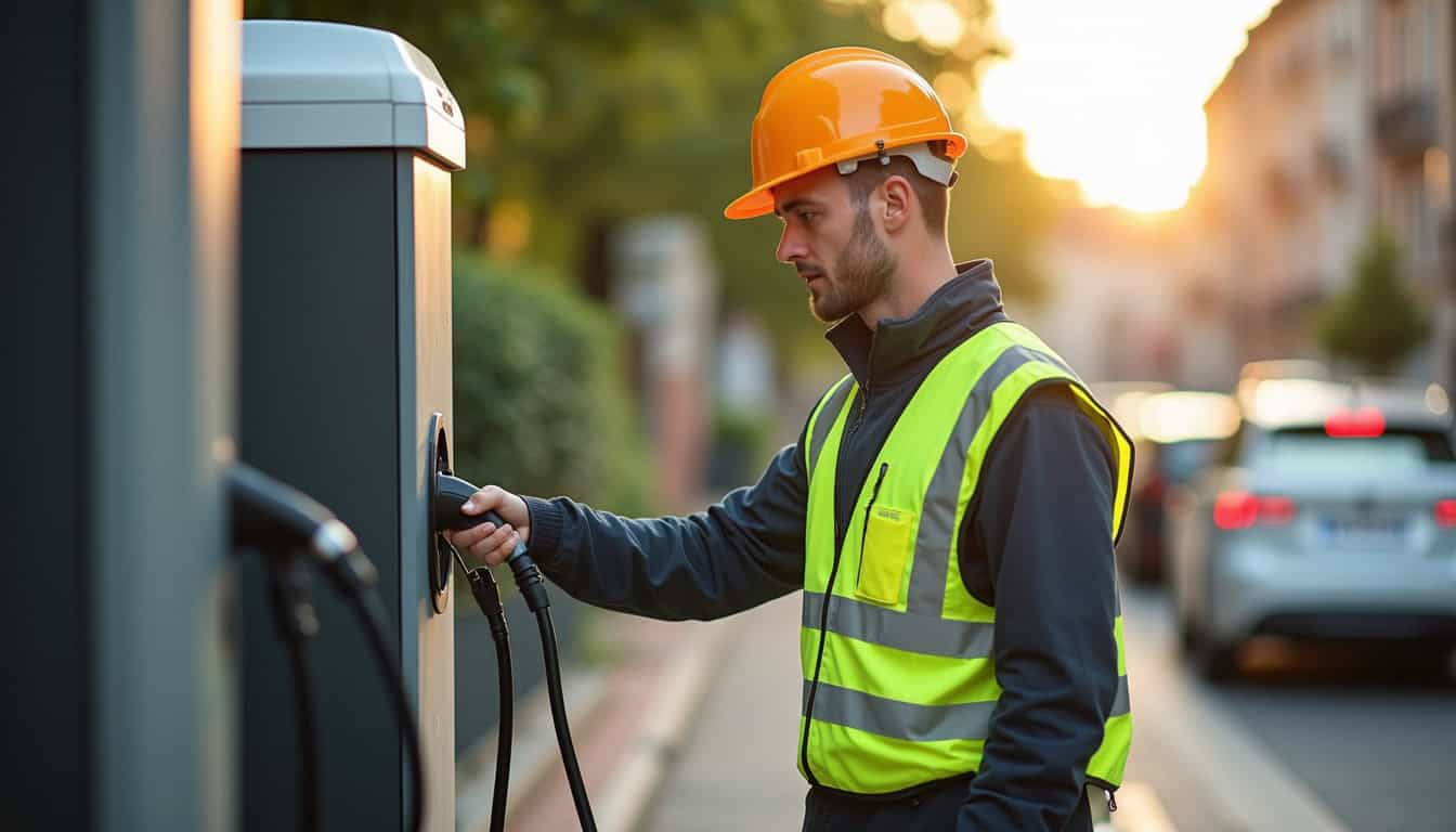 Technicien effectuant une vérification sur une borne de recharge à Abbeville
