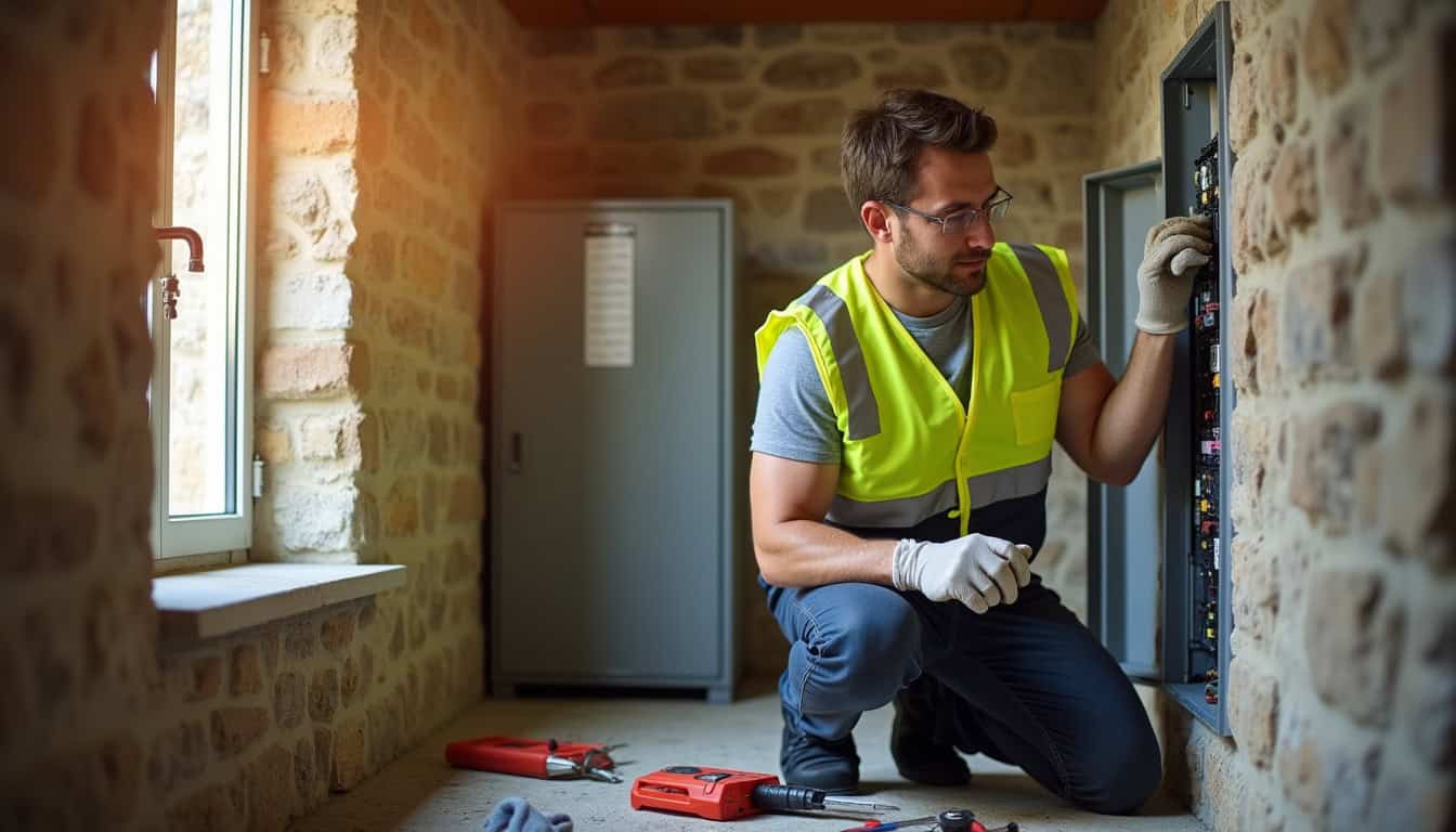 Technicien électricien effectuant un diagnostic électrique dans une maison à Nouaillé-Maupertuis