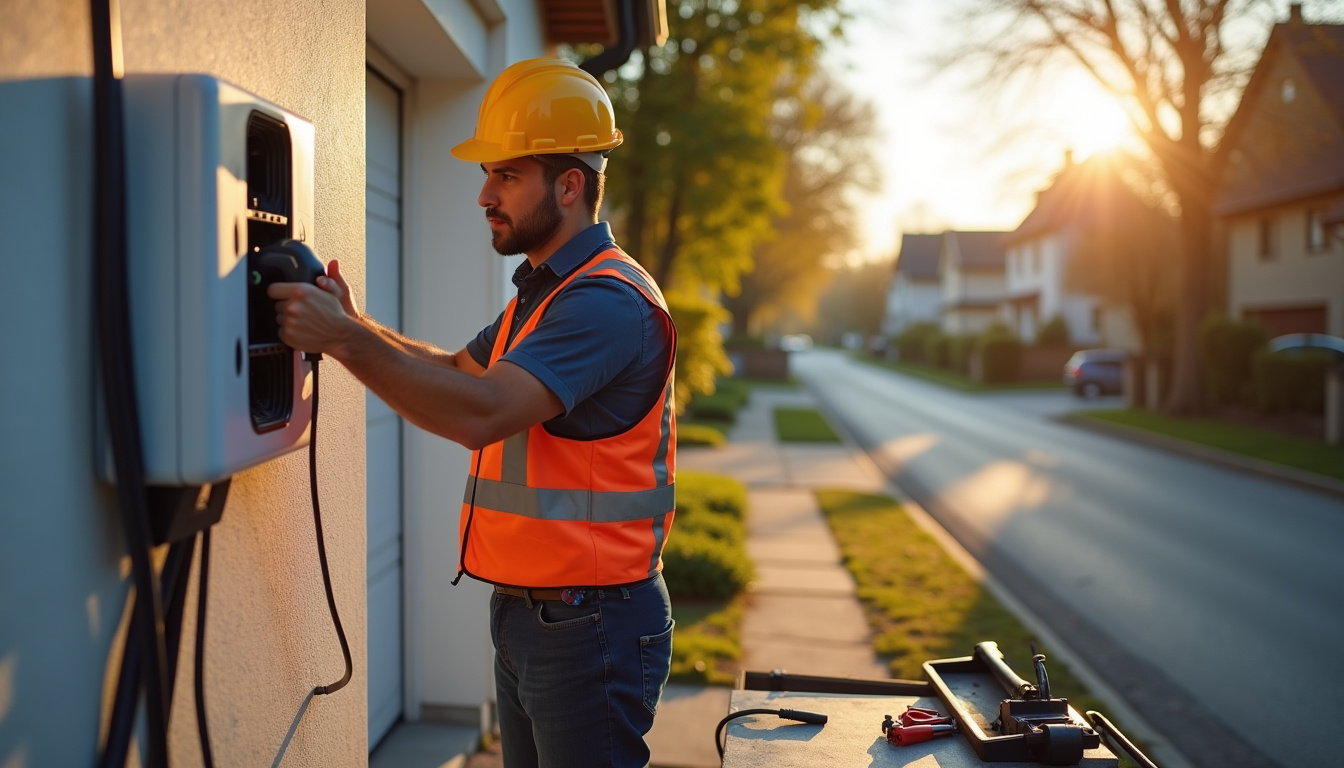Technicien électrique en train d'installer une borne de recharge à Saint-Geniès-Bellevue