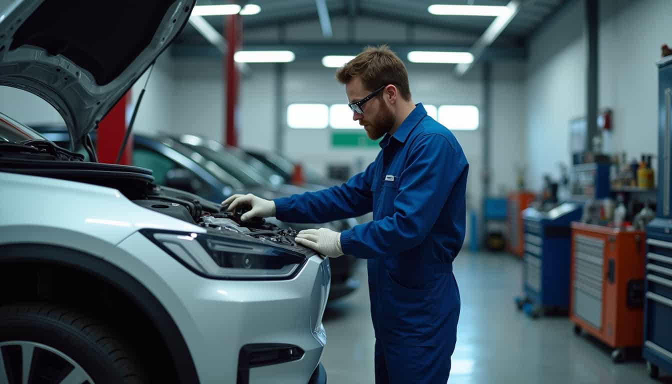 Technicien en combinaison vérifiant un véhicule électrique dans un garage à Conlie