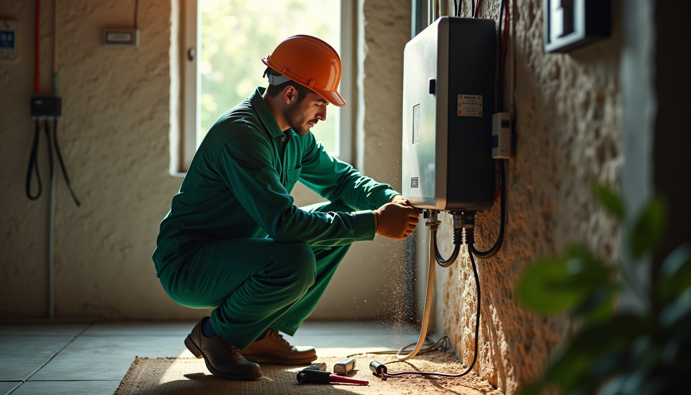 Technicien en combinaison verte en train de connecter une borne à un tableau électrique à Alairac