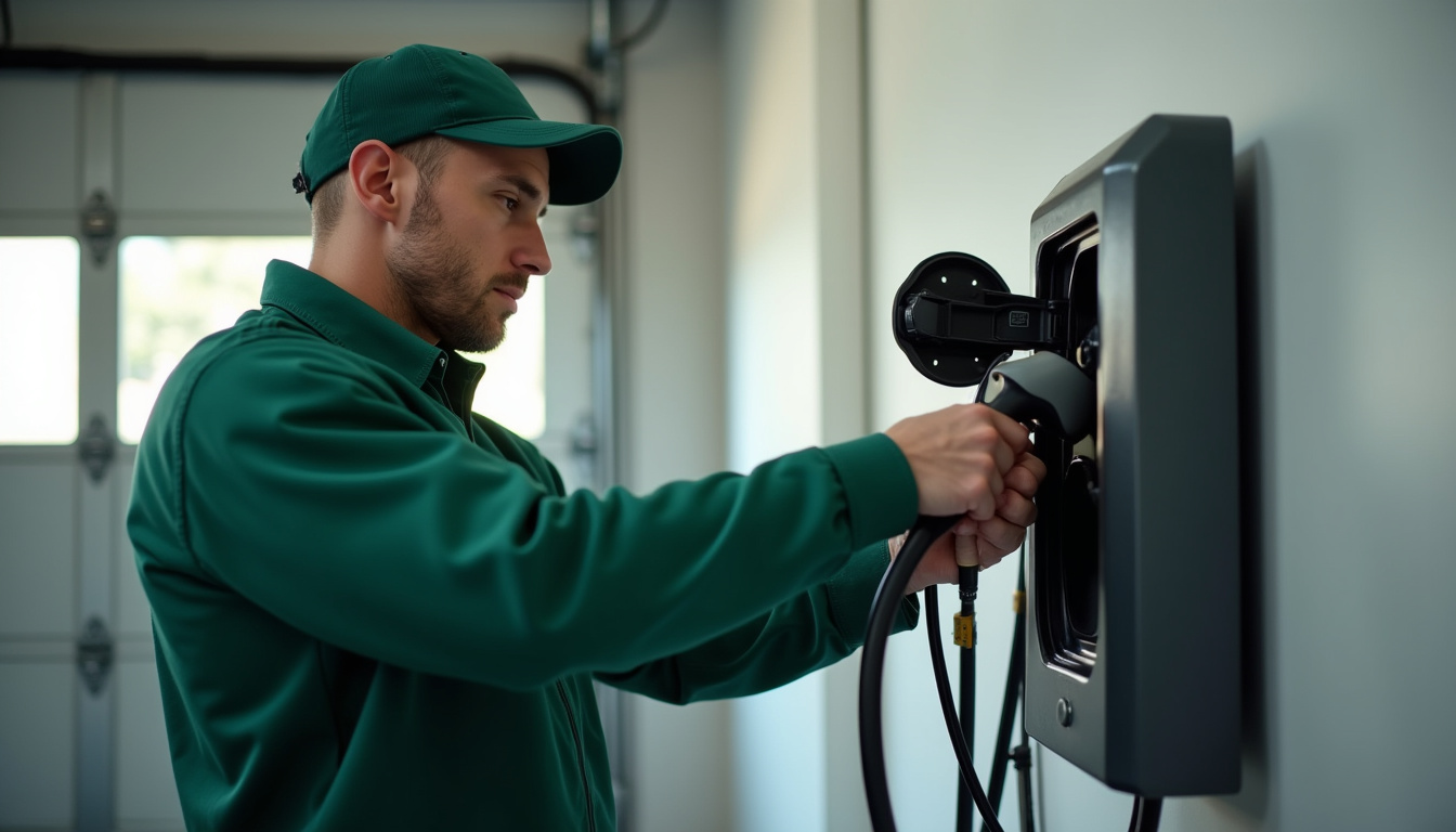 Technicien en combinaison verte en train d’installer une borne murale dans un garage