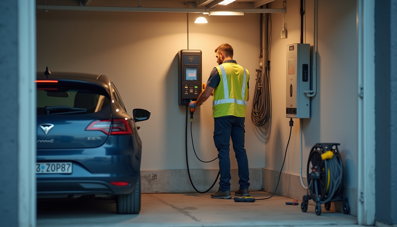 Technicien en tenue de sécurité en train d'installer une borne de recharge murale dans un garage à Lognes