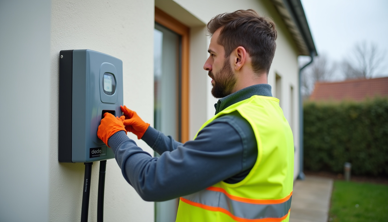 Technicien en tenue de sécurité en train d'installer une borne électrique sur un mur extérieur à Neuville-les-Dames