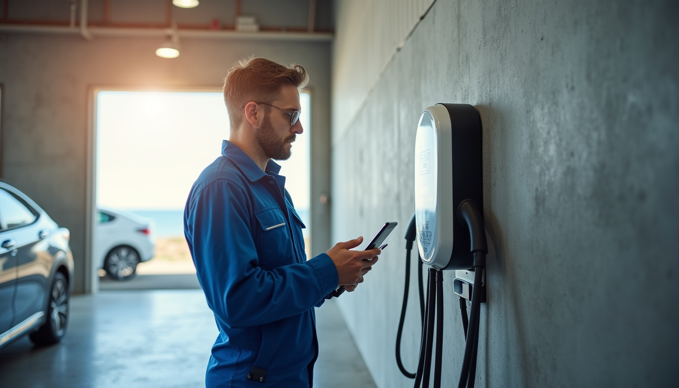 Technicien en tenue de travail en train de vérifier une borne de recharge murale dans un garage à Saint-Georges-de-Didonne