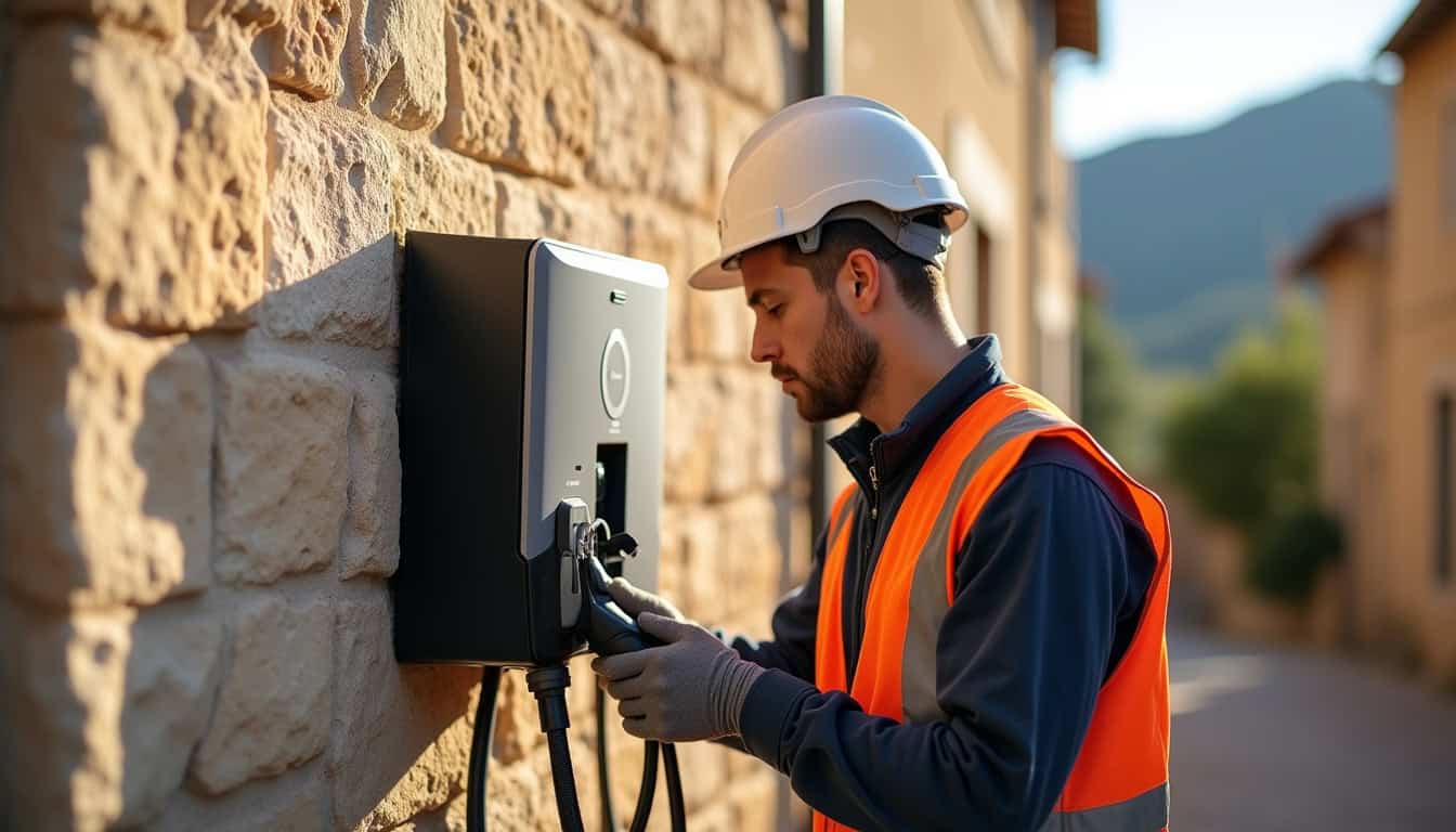 Technicien en tenue de travail en train d'installer une borne de recharge électrique sur un mur extérieur, dans une commune de la Drôme
