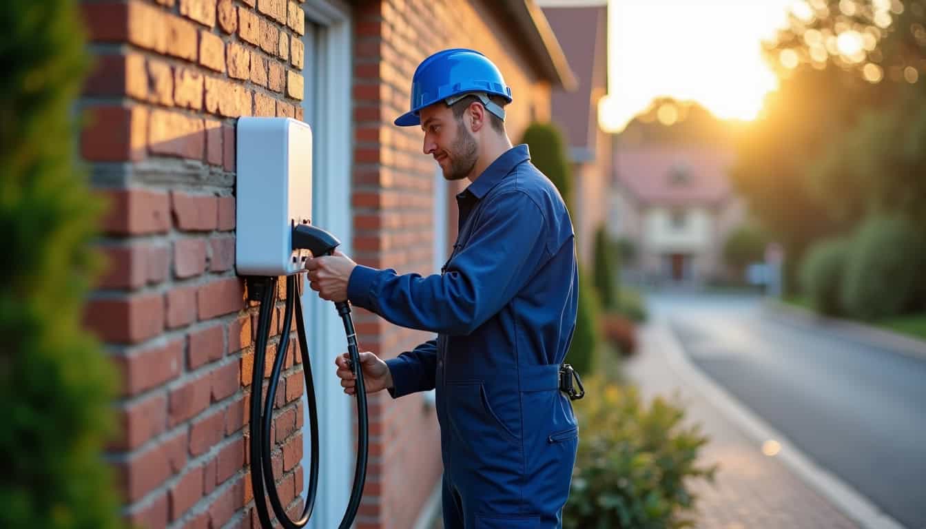 Technicien en tenue de travail installant une borne de recharge électrique pour un particulier à Sailly-sur-la-Lys