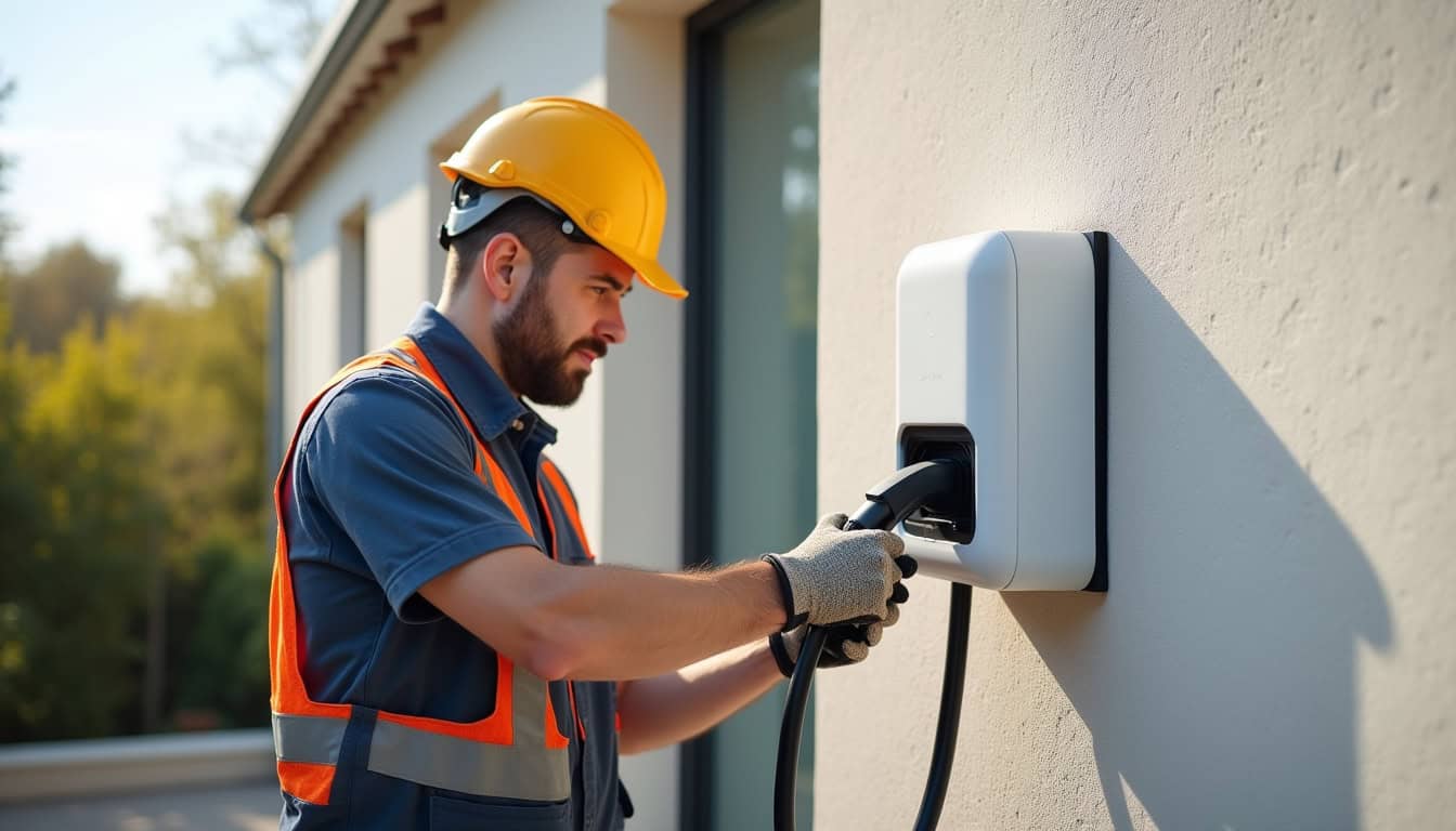 Technicien en tenue de travail installant une borne de recharge électrique sur un mur extérieur