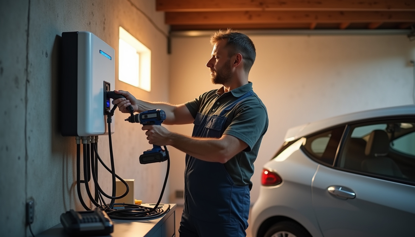 Technicien en tenue de travail installant une borne de recharge murale dans un garage à Cuise-la-Motte