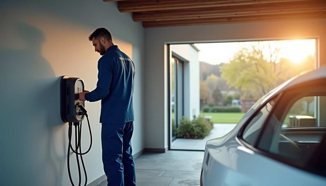Technicien en tenue de travail installant une borne de recharge murale sur un garage privé à Montbartier