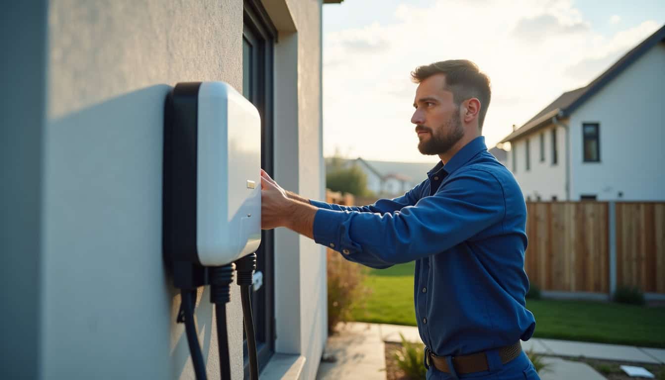 Technicien en tenue de travail installant une borne de recharge murale sur un mur extérieur