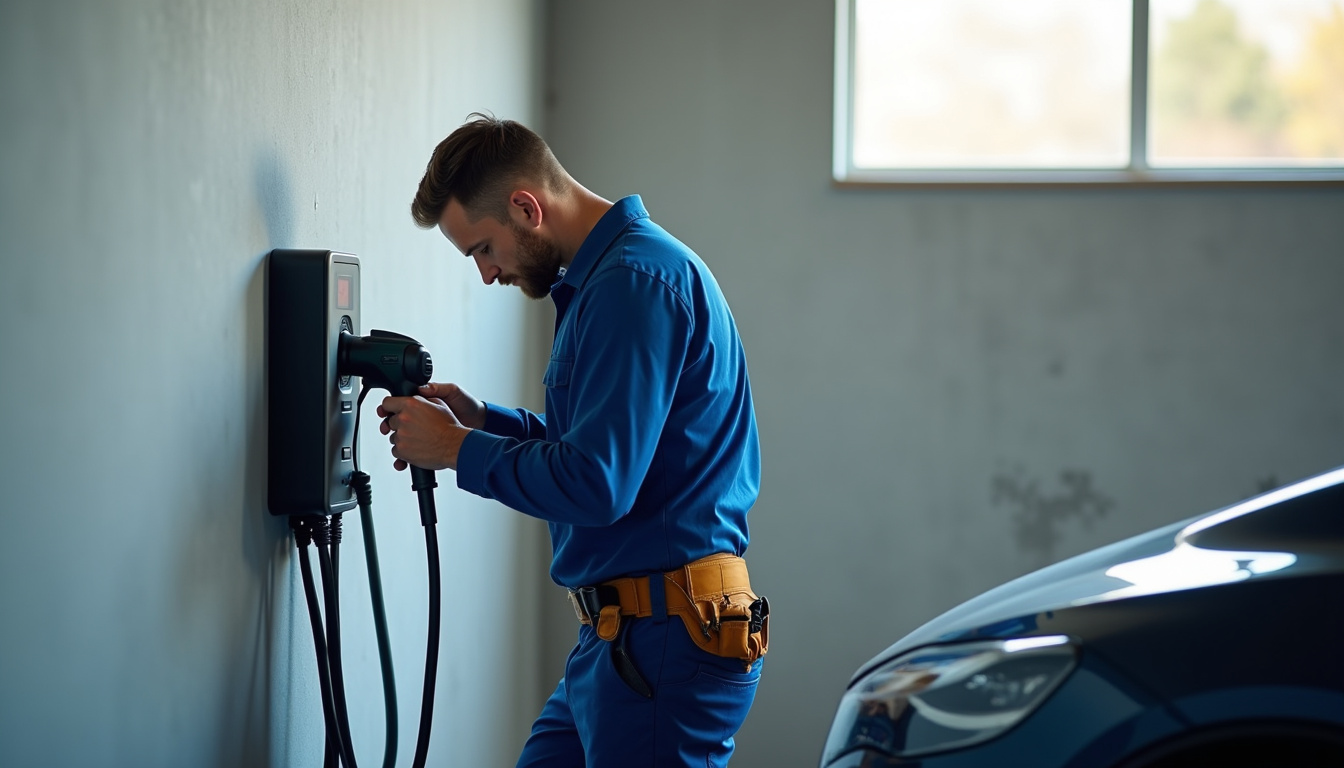 Technicien en tenue de travail installant une borne de recharge murale