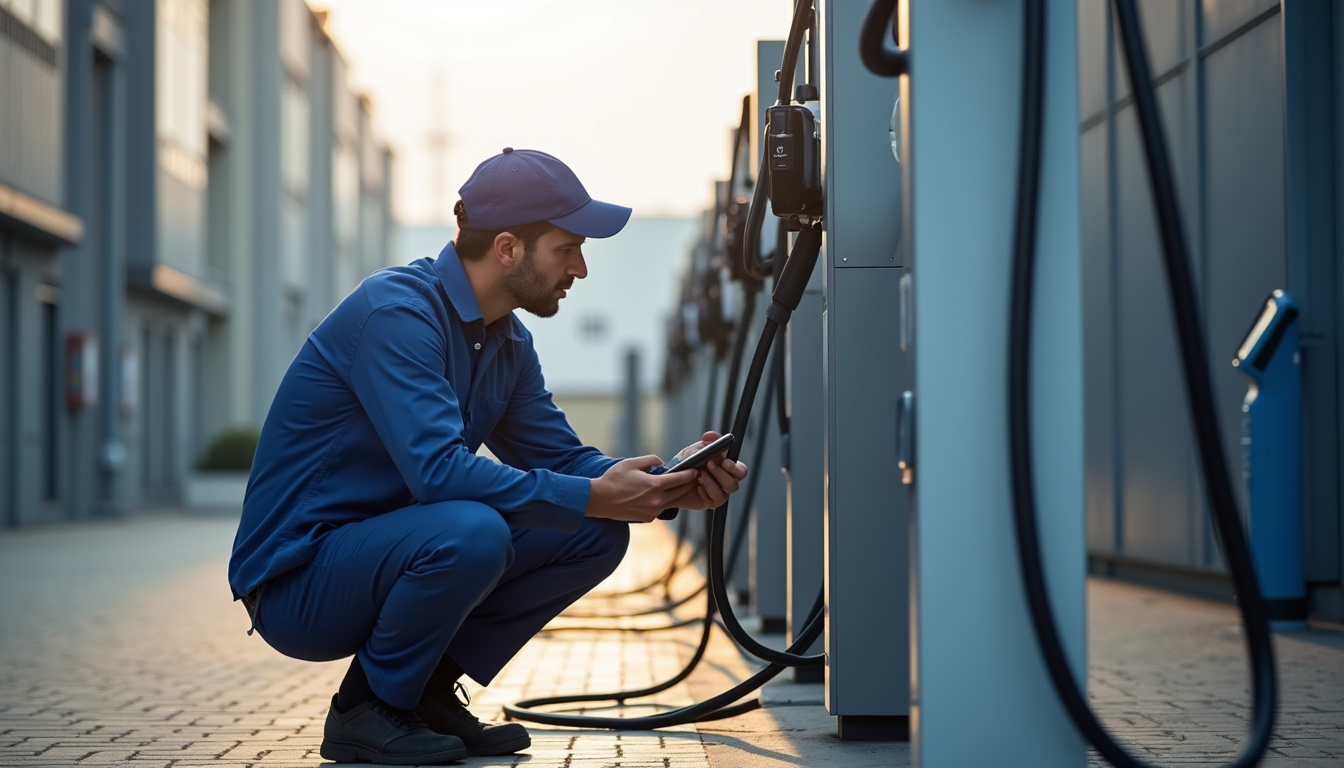 Technicien en tenue de travail vérifiant le bon fonctionnement d'une borne de recharge à Donges