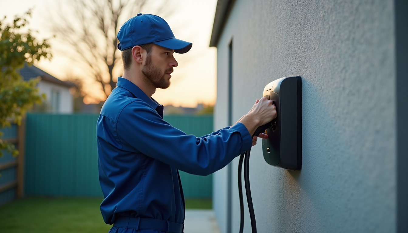 Technicien en tenue de travail vérifiant le fonctionnement d'une borne de recharge murale installée sur un mur extérieur