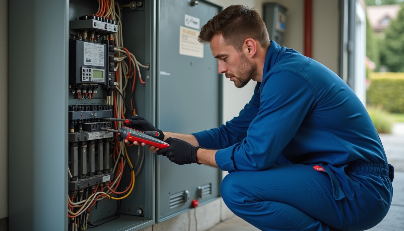 Technicien en tenue de travail vérifiant un tableau électrique lors d'une visite préalable à l'installation d'une borne de recharge à Beuvry-la-Forêt