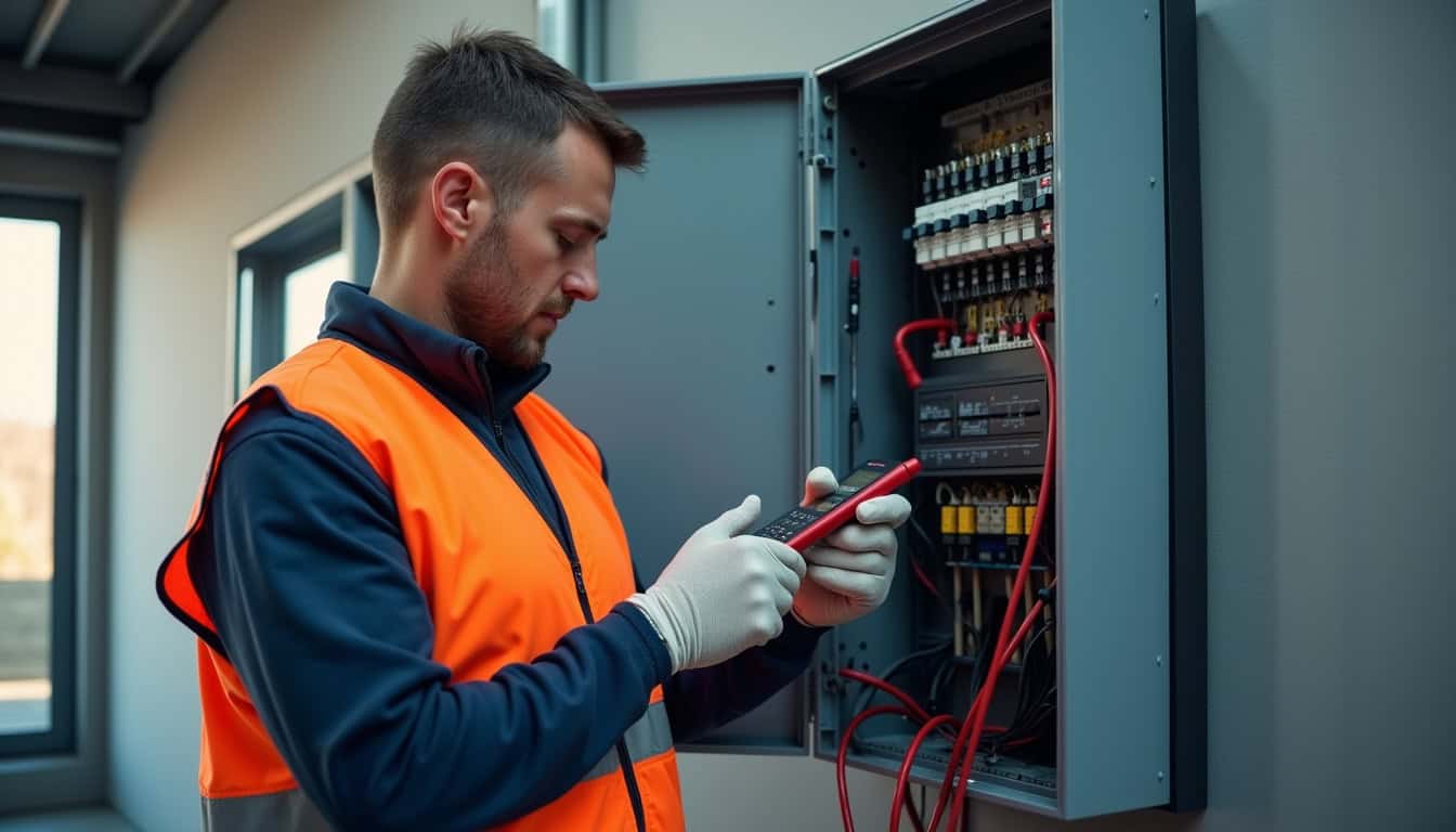Technicien en train d’analyser le tableau électrique avant l’installation d’une borne de recharge