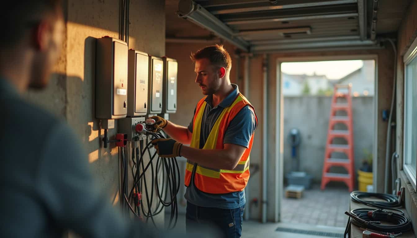 Technicien en train de brancher une borne électrique dans un garage à Vermelles