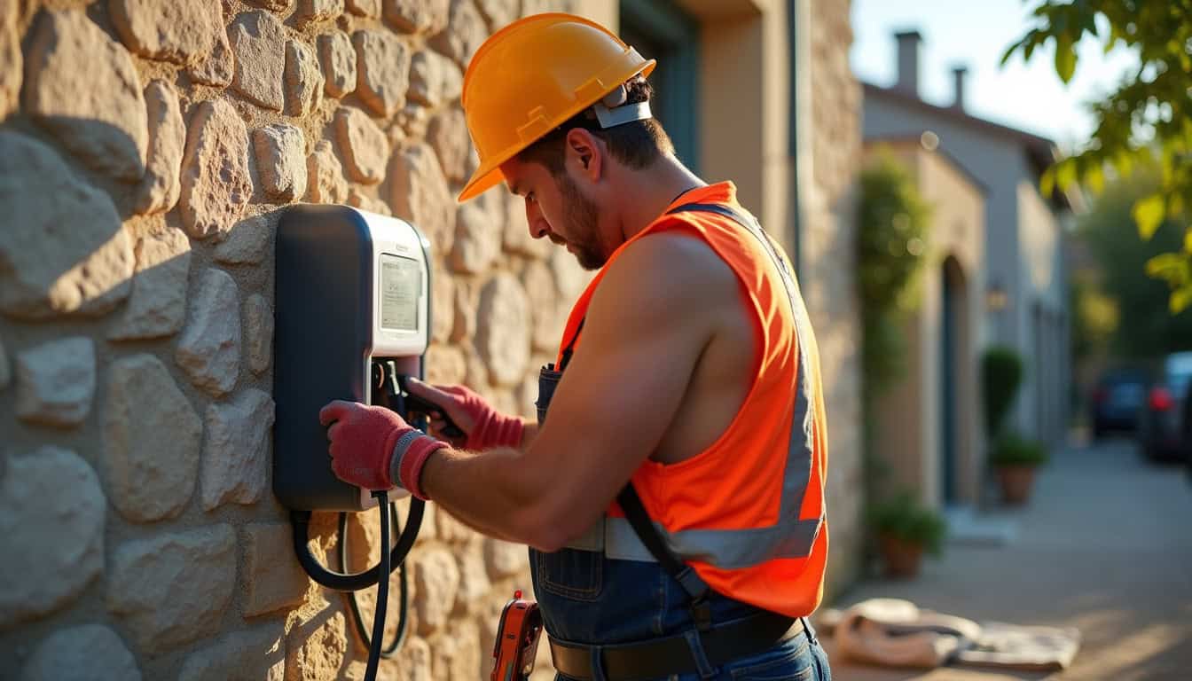 Technicien en train de câbler une borne de recharge électrique