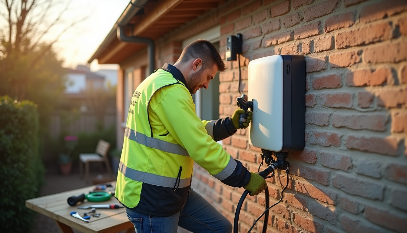 Technicien en train de fixer une borne de recharge sur un mur extérieur