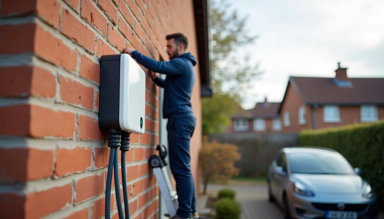 Technicien en train de fixer une borne murale (wallbox) sur le mur d'une maison à Hergnies