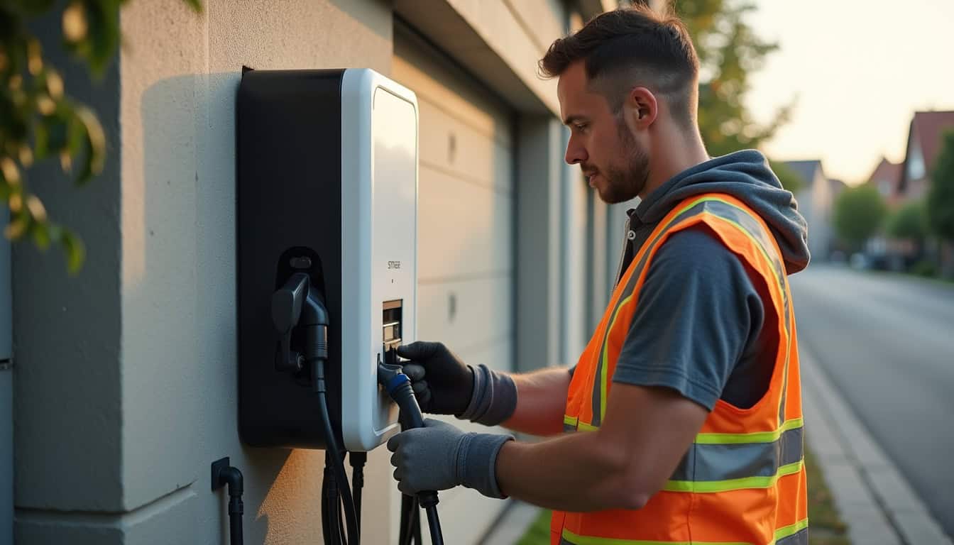 Technicien en train de mettre en service une borne de recharge électrique à Coubron après installation