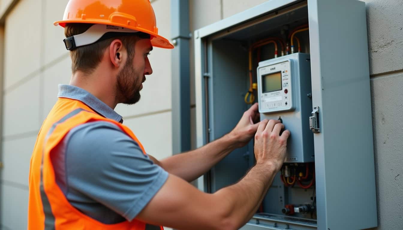 Technicien en train de modifier un compteur électrique pour installation d'une borne de recharge