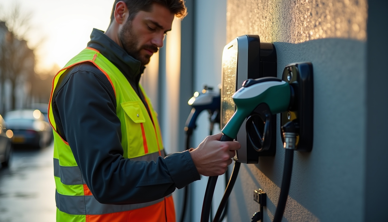 Technicien en train de nettoyer et d'inspecter une borne de recharge électrique en extérieur
