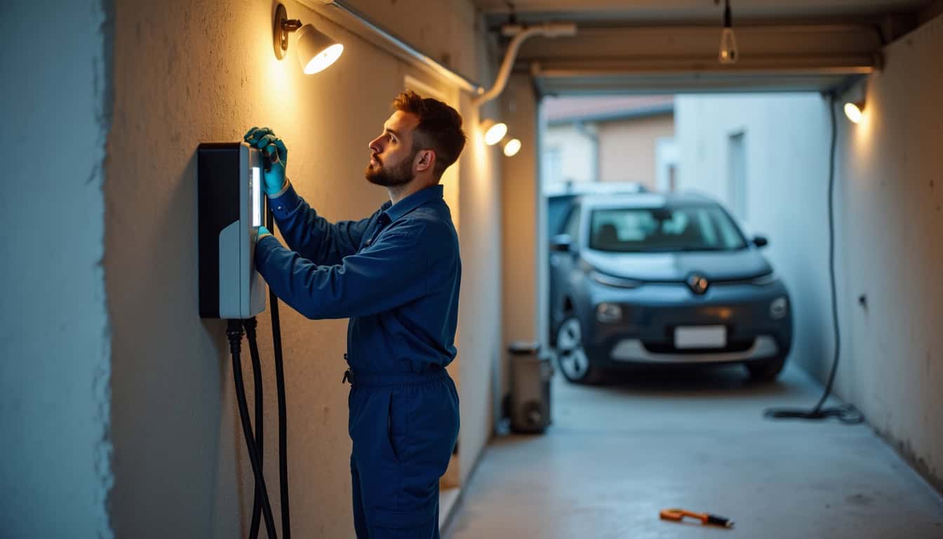 Technicien en train de poser une borne de recharge électrique dans un garage à Cazilhac