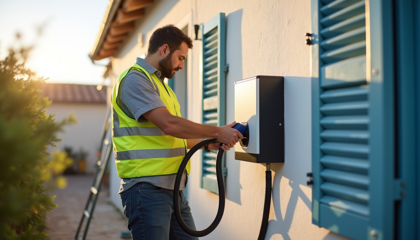 Technicien en train de poser une borne de recharge électrique sur un mur extérieur d'une maison à Sète