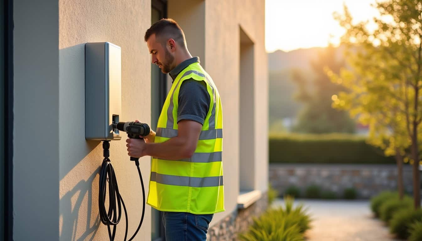 Technicien en train de poser une borne de recharge murale à Le Houlme