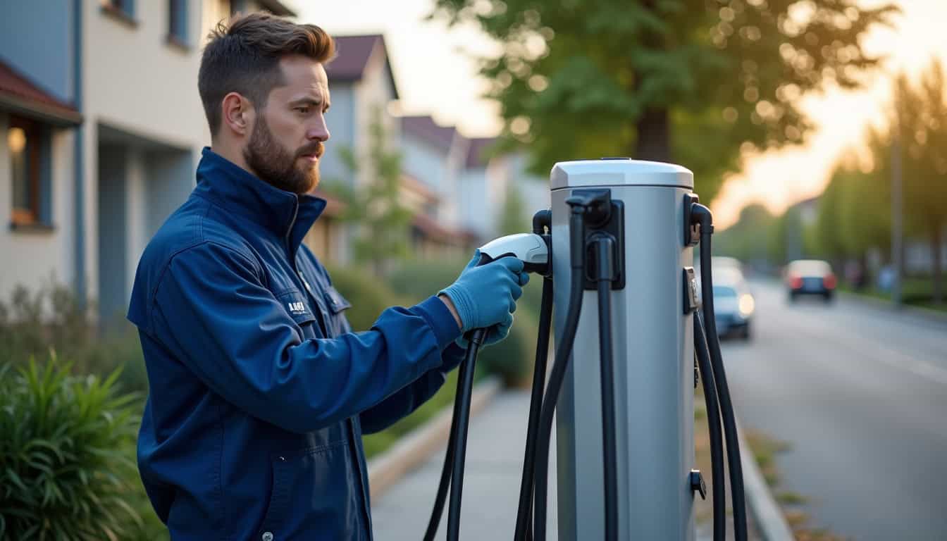 Technicien en train de procéder à l'entretien d'une borne de recharge à Tesson, vérification des câbles et du boîtier