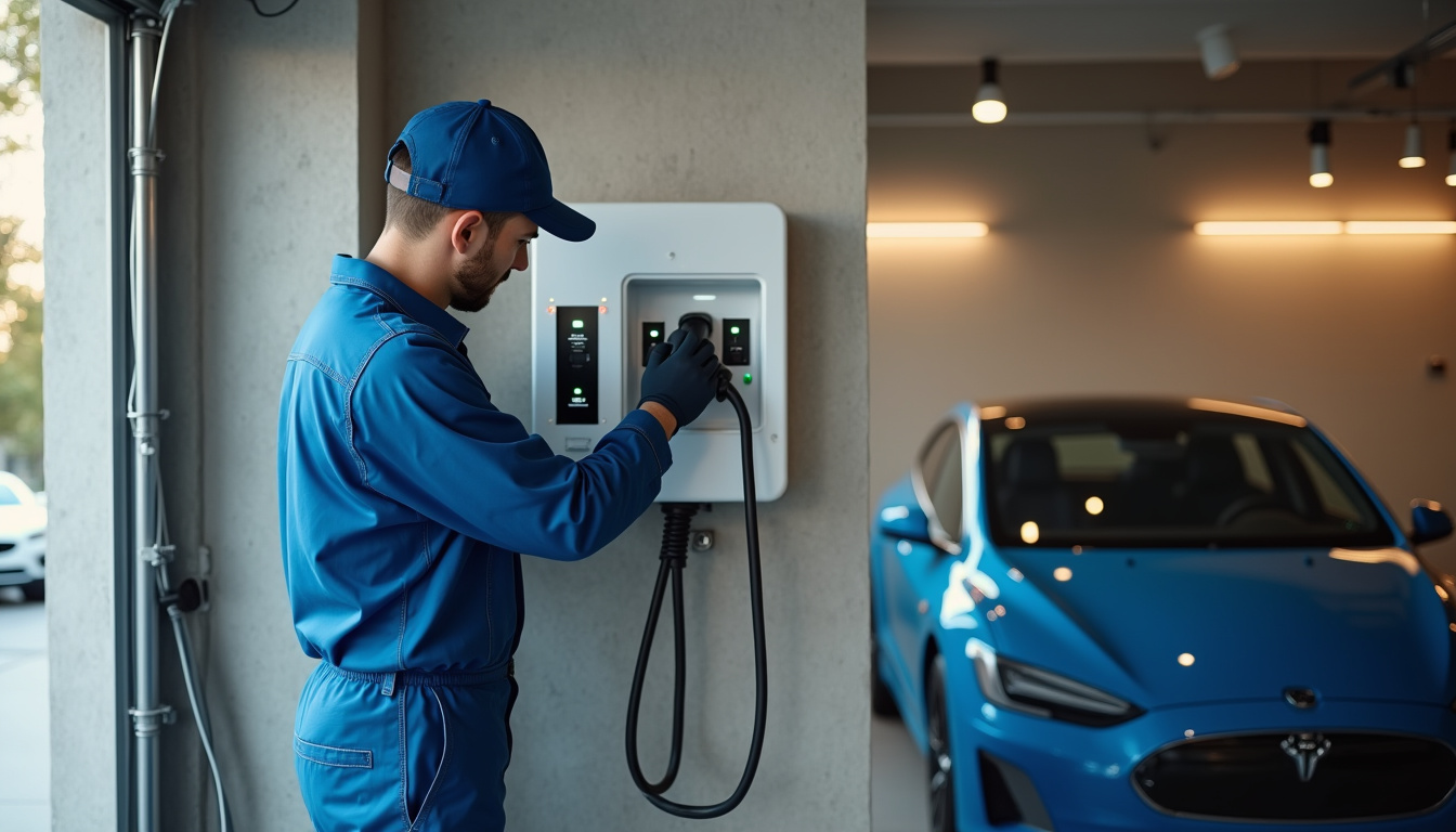 Technicien en train de procéder à l'installation d'une borne de recharge dans un garage