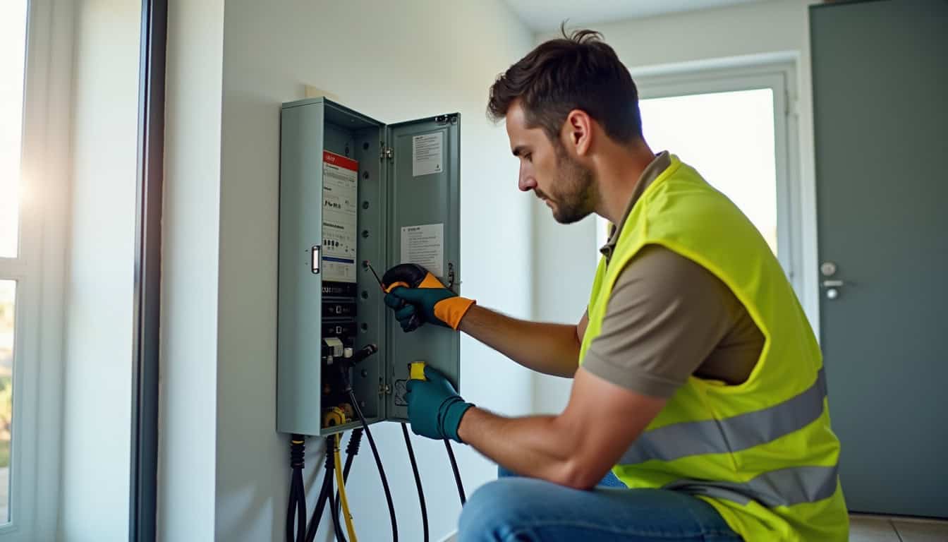 Technicien en train de raccorder une borne de recharge au tableau électrique d'une maison à Brussieu