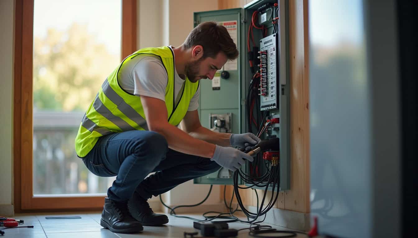Technicien en train de raccorder une borne de recharge au tableau électrique d'une maison à Droue-sur-Drouette