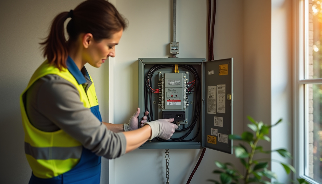 Technicien en train de raccorder une borne de recharge au tableau électrique d'une maison