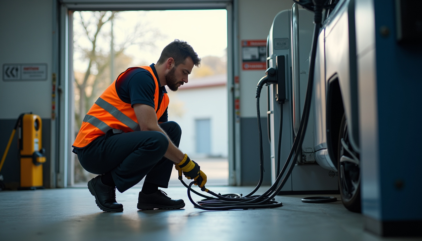 Technicien en train de raccorder une borne de recharge électrique dans un garage à Rety