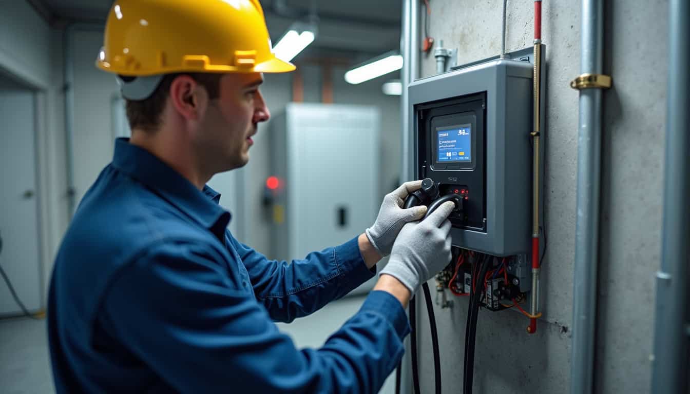 Technicien en train de raccorder une borne électrique à un tableau électrique dans une maison