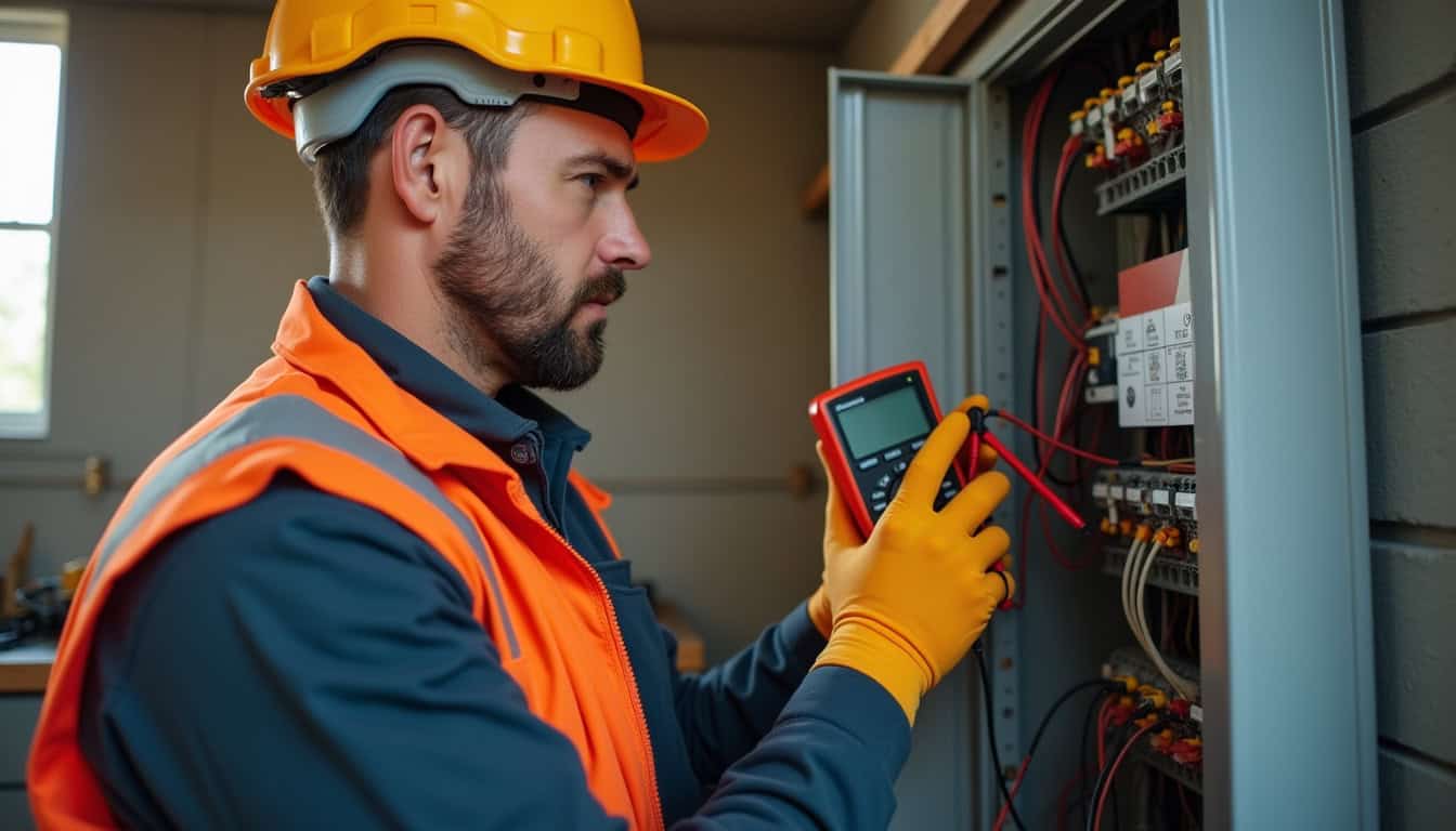Technicien en train de réaliser un diagnostic électrique pour installation de borne