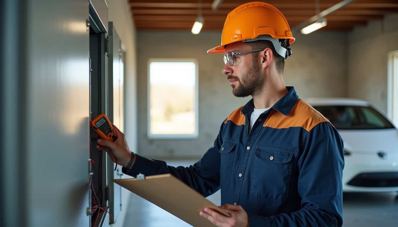 Technicien en train de réaliser un diagnostic électrique pour l'installation d'une borne de recharge