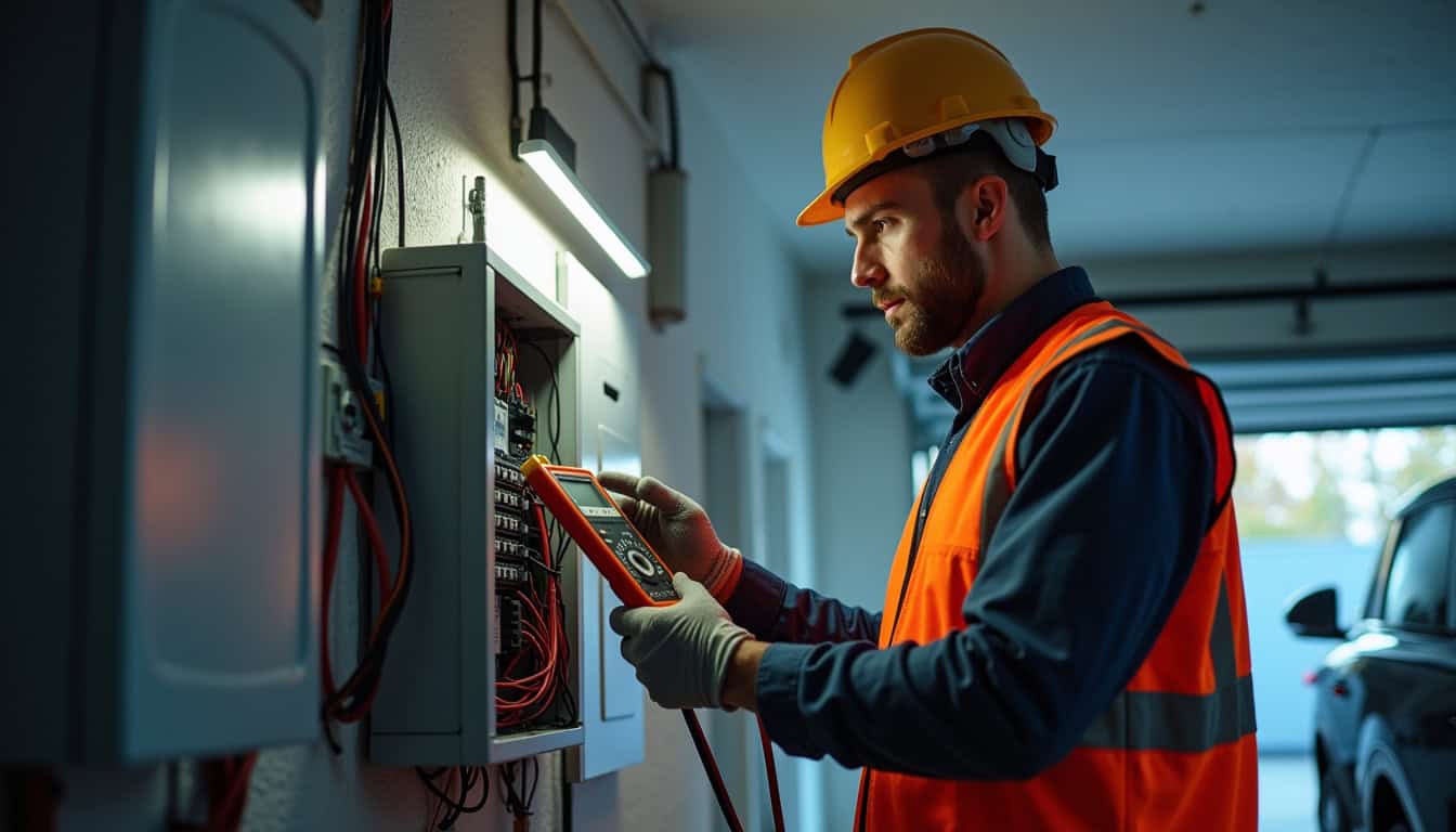 Technicien en train de réaliser un diagnostic électrique pour l'installation d'une borne de recharge