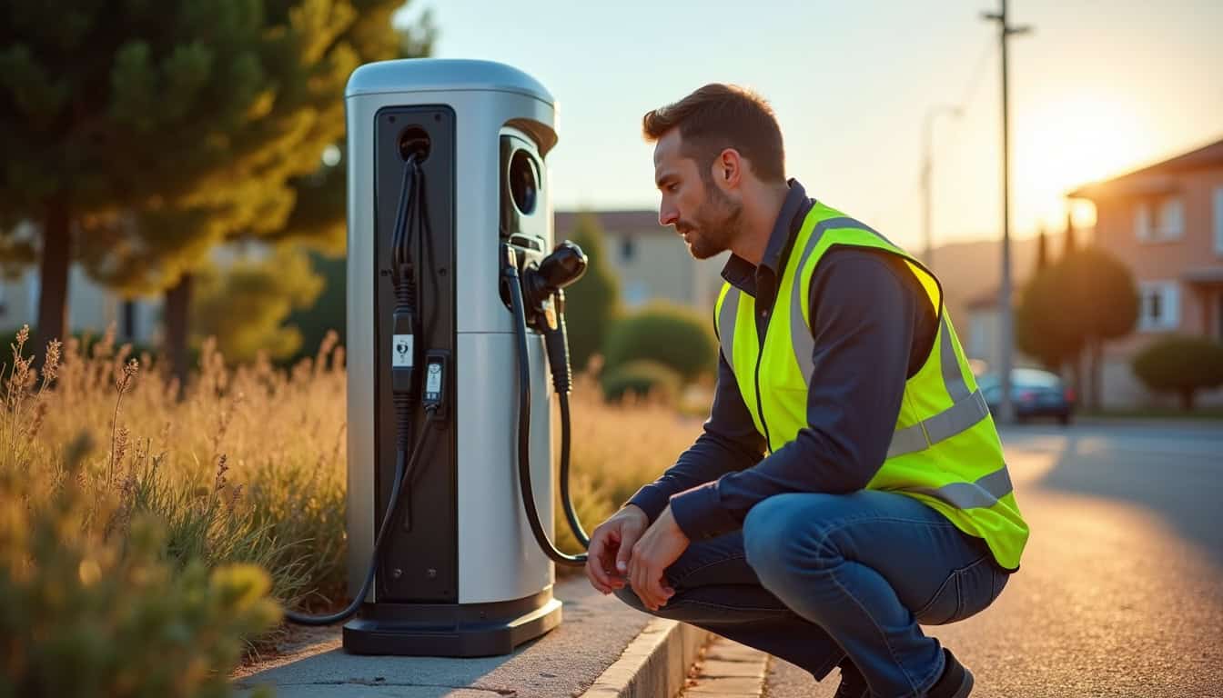 Technicien en train de tester une borne de recharge connectée
