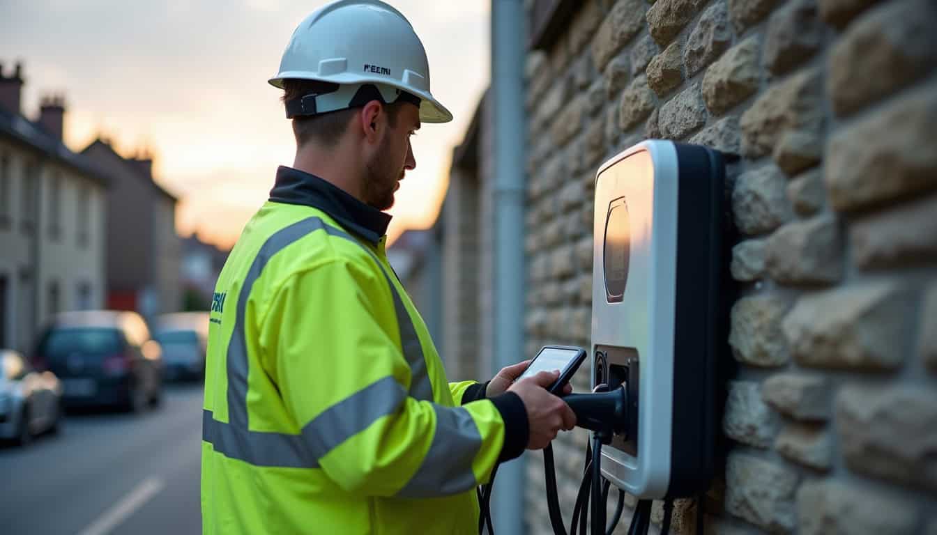 Technicien en train de tester une borne électrique à Orchamps
