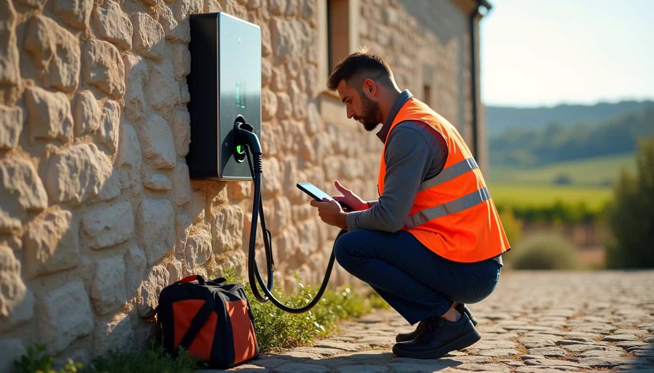 Technicien en train de tester une borne électrique récemment installée à Jonquières-Saint-Vincent